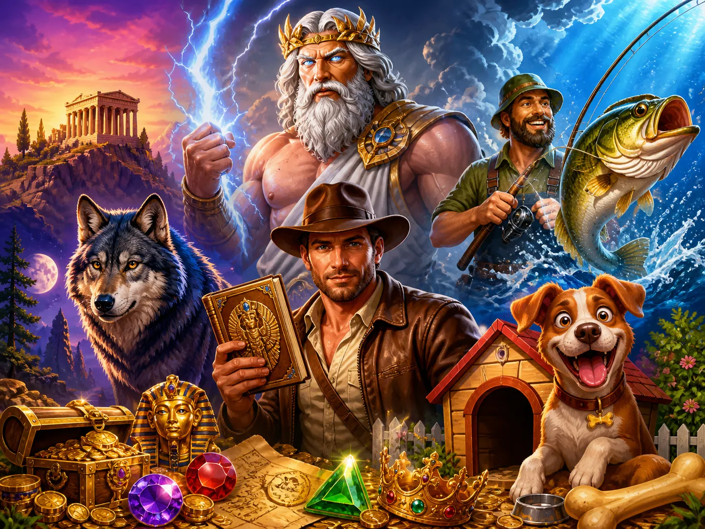 Vibrant scene showcasing characters from popular slot games, including a powerful mythological god, a playful dog, and an adv