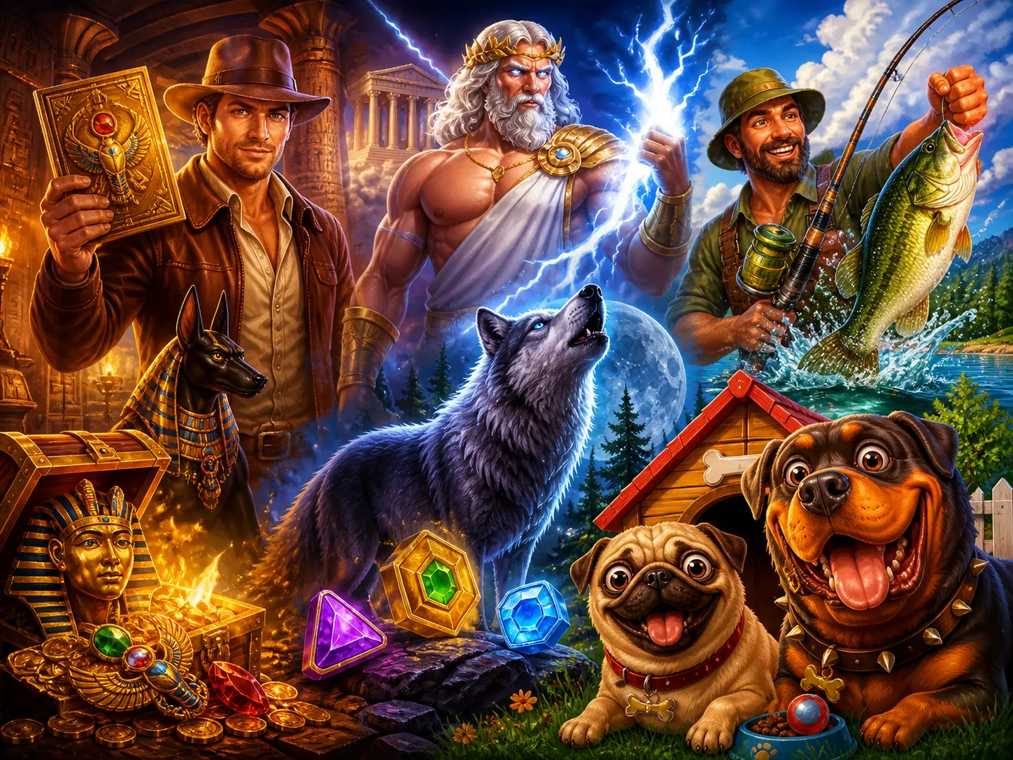 Illustration of premium slot game characters in an adventurous game world setting, featuring mythical creatures and vibrant l