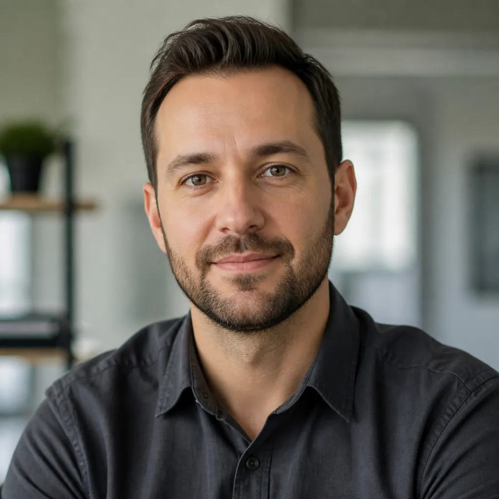 A realistic professional headshot of a fictional author, appearing approachable and professional, suitable for a modern edito